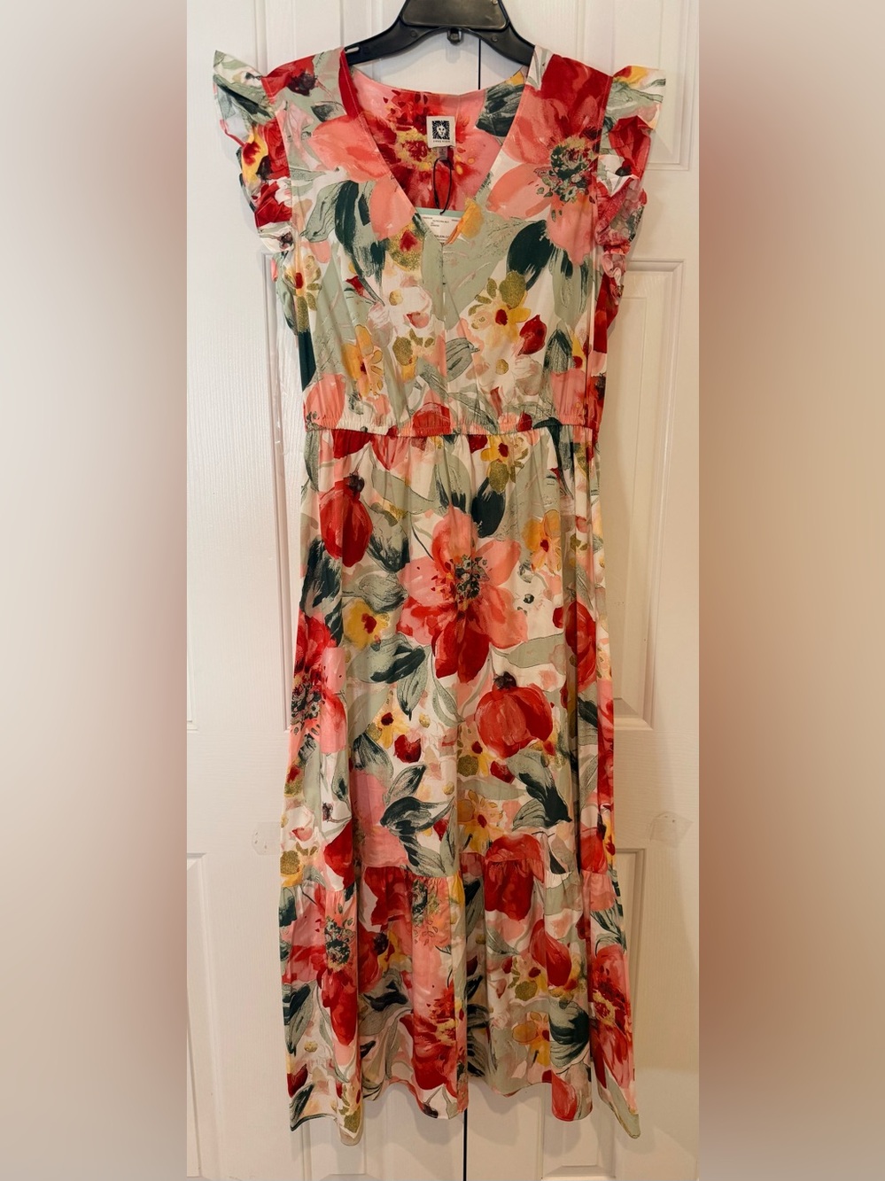 Anne Klein Coral, Pink & Green Floral Maxi Dress Ruffle Shoulder Elastic Waist